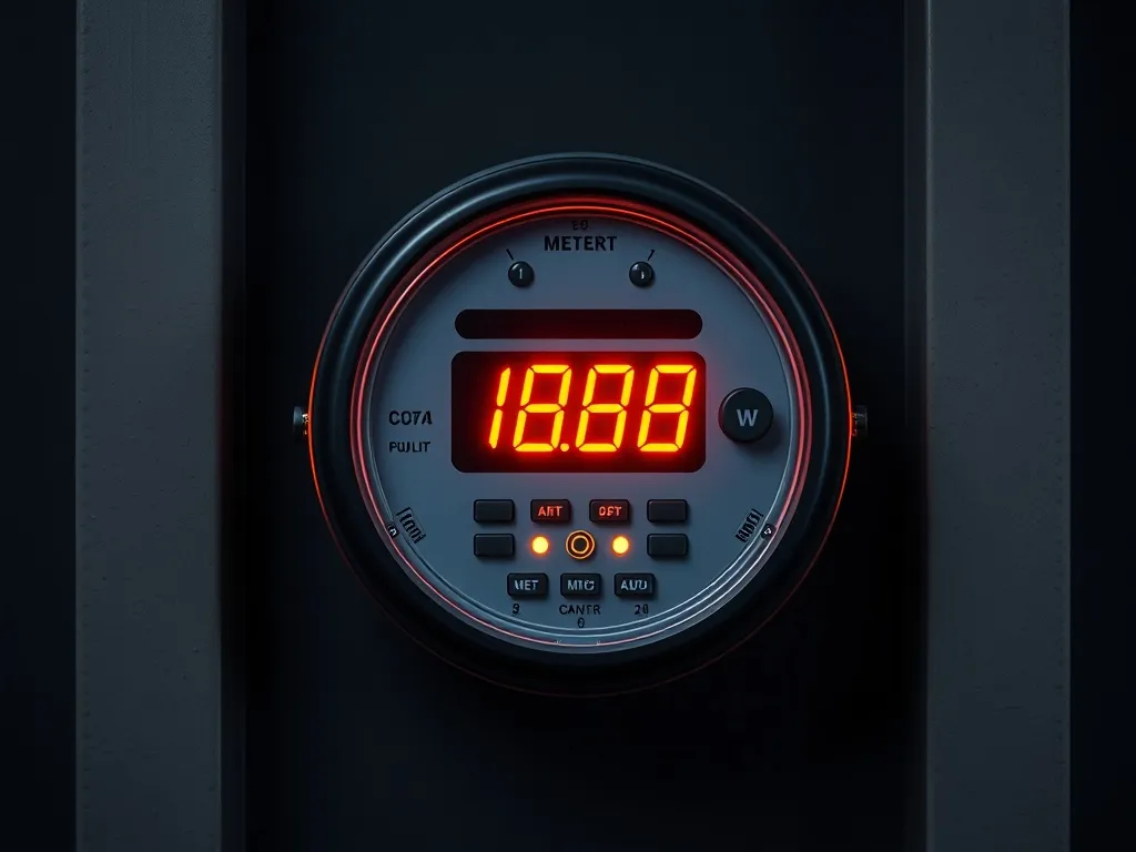 A modern digital electricity meter on a dark wall with orang