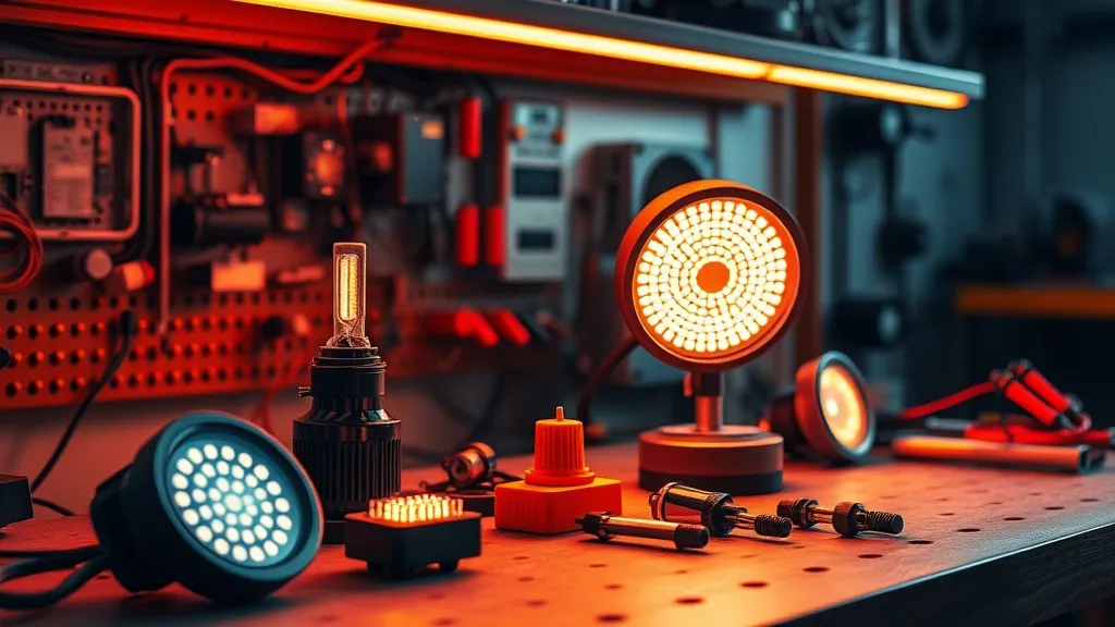 Modern LED lighting components on a technical workbench, hig