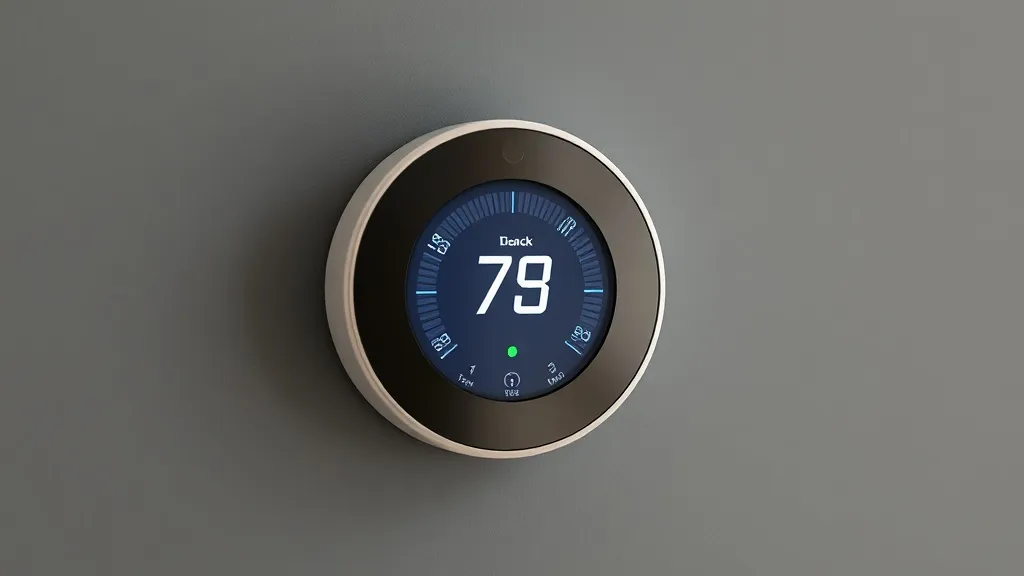 A close up of a modern digital thermostat on a gray wall sho